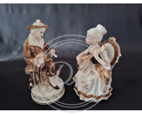 Vintage Porcelain Figurines Pair "Girl with Mandolin and Boy with Bird"