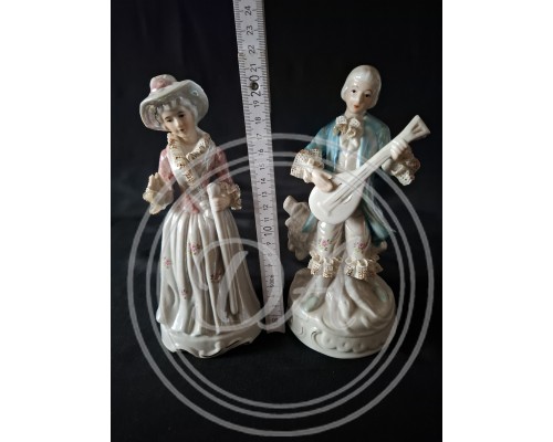 Antique Porcelain Figurines "Lady and Gentleman" with Dresden Lace