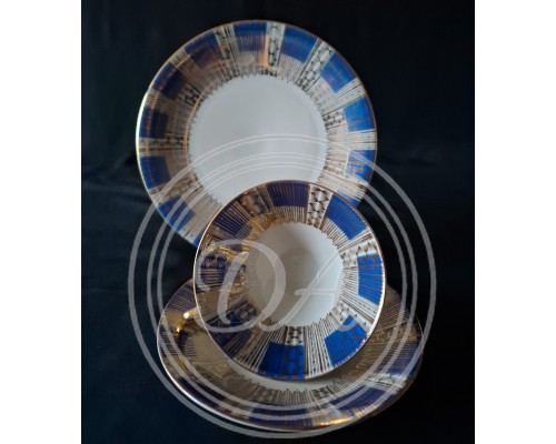 Antique Collectible German Porcelain Trio (Cup, Saucer, Dessert Plate) by Oscar Schaller & Co.