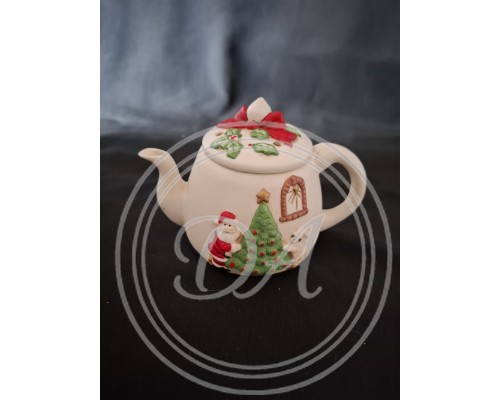 Miniature Vintage Porcelain Christmas Teapot with Santa Claus and Helper Figures by the Tree