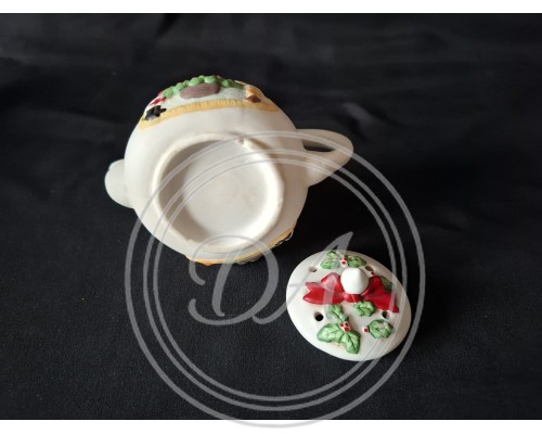 Miniature Vintage Porcelain Christmas Teapot with Santa Claus and Helper Figures by the Tree