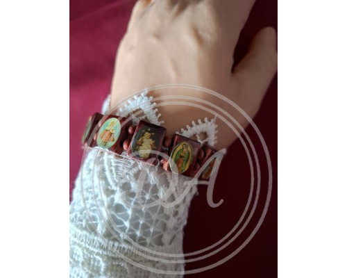 Vintage Wooden Religious Bracelet with Images of Catholic Saints