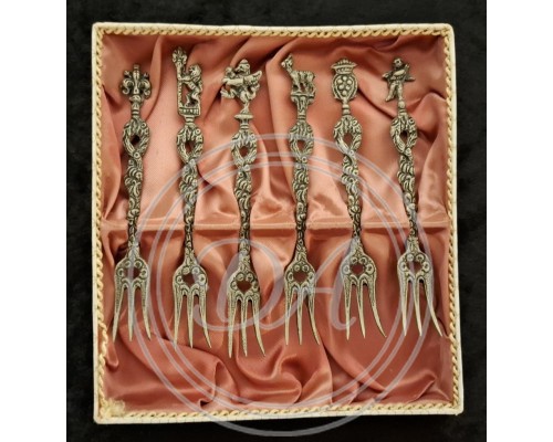 Antique set of 6 brass appetizer forks, Montagnani, Italy