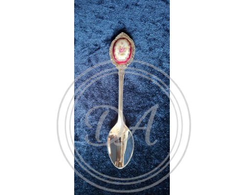 A set of 6 silver-plated teaspoons with a pink porcelain cameo flower inlay on the handle.
