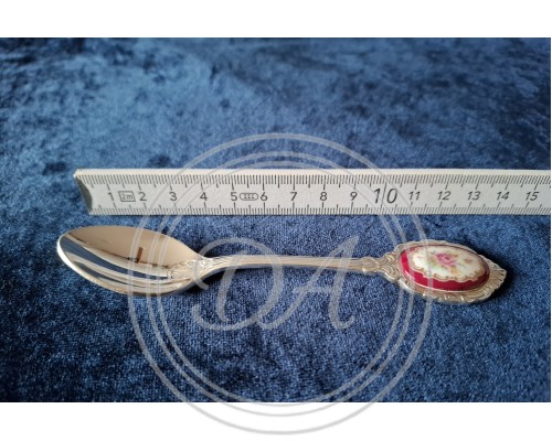 A set of 6 silver-plated teaspoons with a pink porcelain cameo flower inlay on the handle.