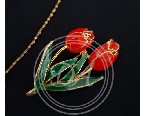 Vintage-Schmuckset mit roten Emaille-Tulpen, bestehend aus Halskette, Ohrsteckern und Brosche