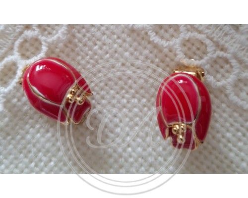 Vintage-Schmuckset mit roten Emaille-Tulpen, bestehend aus Halskette, Ohrsteckern und Brosche