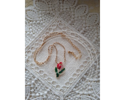Vintage-Schmuckset mit roten Emaille-Tulpen, bestehend aus Halskette, Ohrsteckern und Brosche