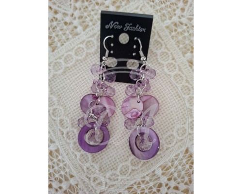 Purple drop earrings with crystals and mother-of-pearl or shell elements.