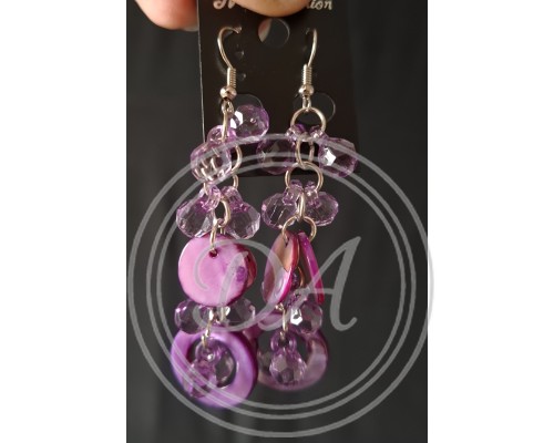 Purple drop earrings with crystals and mother-of-pearl or shell elements.