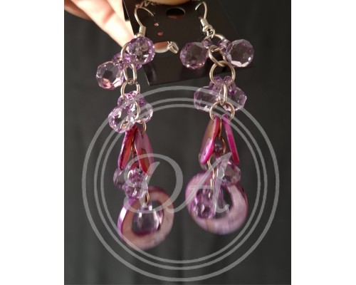 Purple drop earrings with crystals and mother-of-pearl or shell elements.
