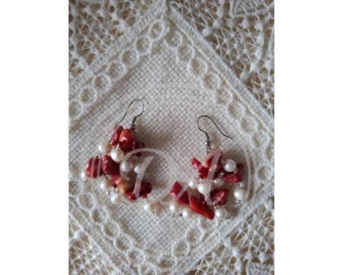 Red coral and white pearl drop earrings.
