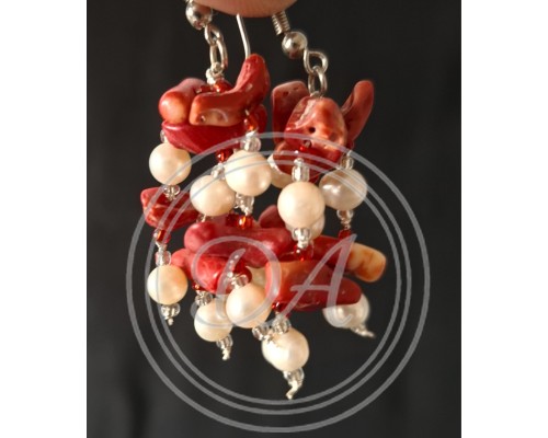 Red coral and white pearl drop earrings.