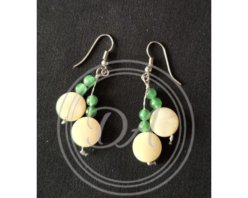 Earrings with green and cream-colored glass and mother-of-pearl beads