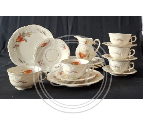 Vintage Porcelain Dinnerware Set by German Manufacturer Schumann Bavaria "Orange Tulips" 1940–1945, for 5 Persons