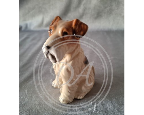 Antique Ceramic Seated Fox Terrier Dog in Brown and White