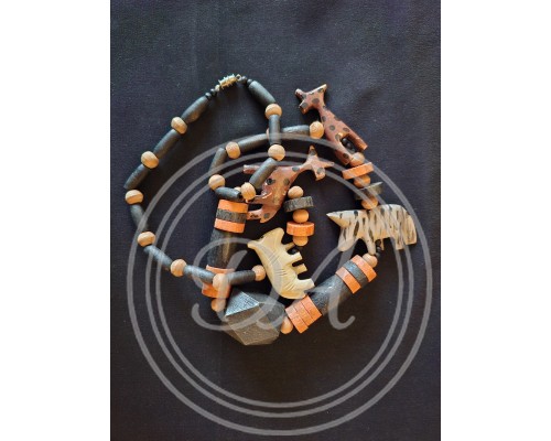 Vintage Unique Handmade Wooden Bead and Animal Figure Safari Style Necklace