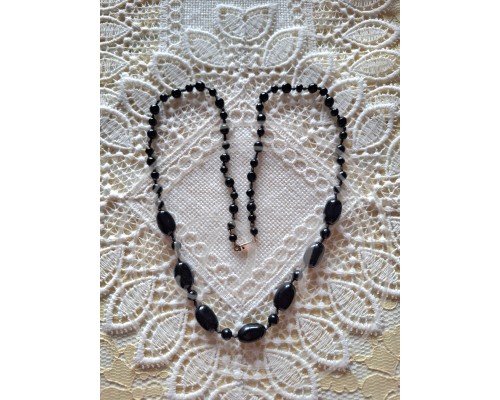 Vintage Black "Jet Glass" Bead Necklace, Marked Monet