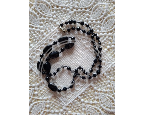 Vintage Black "Jet Glass" Bead Necklace, Marked Monet