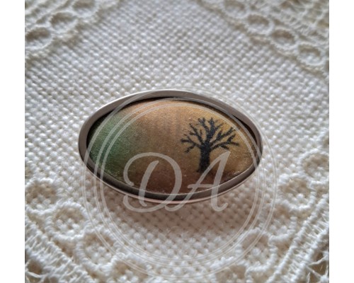 Vintage Oval "Tree" Brooch with Hand-Painted Silk, Created by German Brand Uhlig