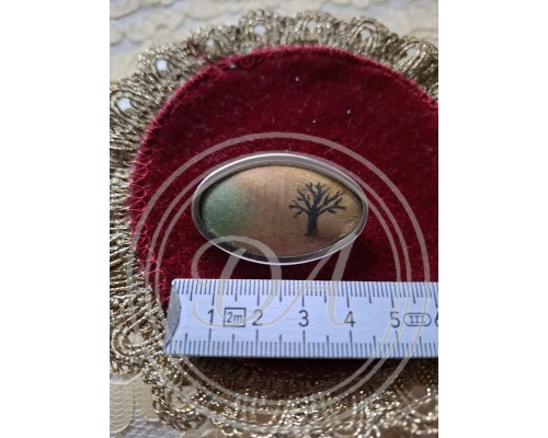 Vintage Oval "Tree" Brooch with Hand-Painted Silk, Created by German Brand Uhlig