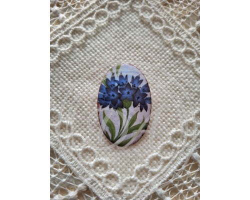 "Cornflowers" Vintage Hand-Painted Metal Oval Brooch featuring Cornflowers