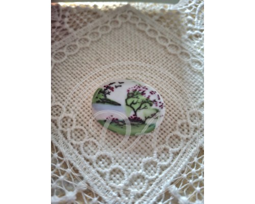 Antique Oval Porcelain Brooch "Blooming Sakura" Hand-Painted